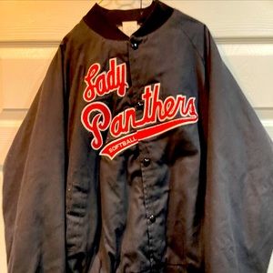 VTG Lady Panthers Softball Team Snap Jacket Coat Sz Women’s L Red Black USA made